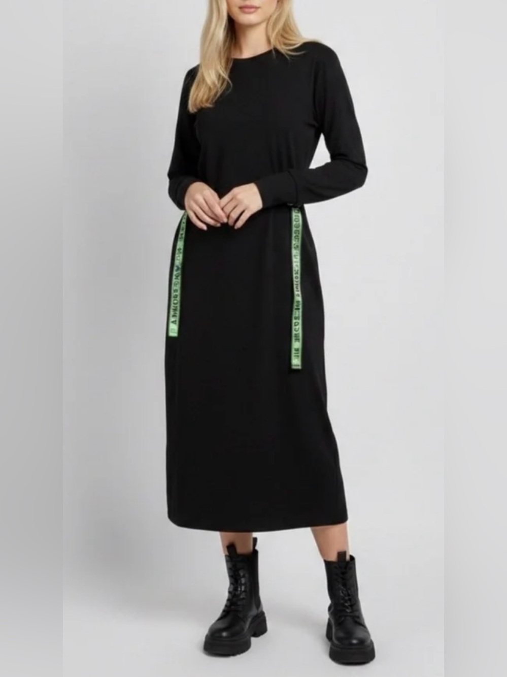 Zara Black Long-Sleeve Knit Dress with Green Accent Ties